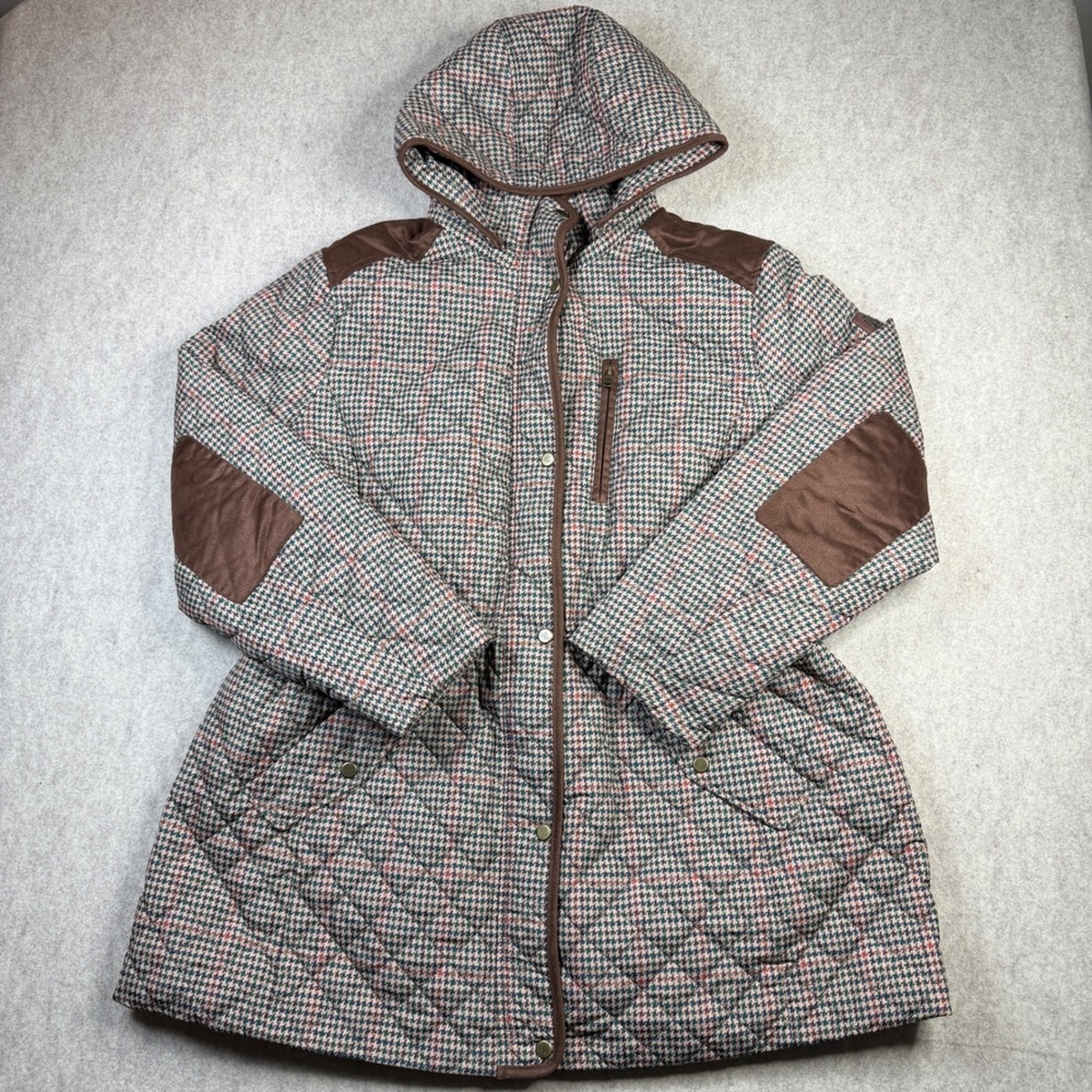 Lauren Ralph Lauren Houndstooth Quilted Hooded Field Jacket Brown Multi 1X